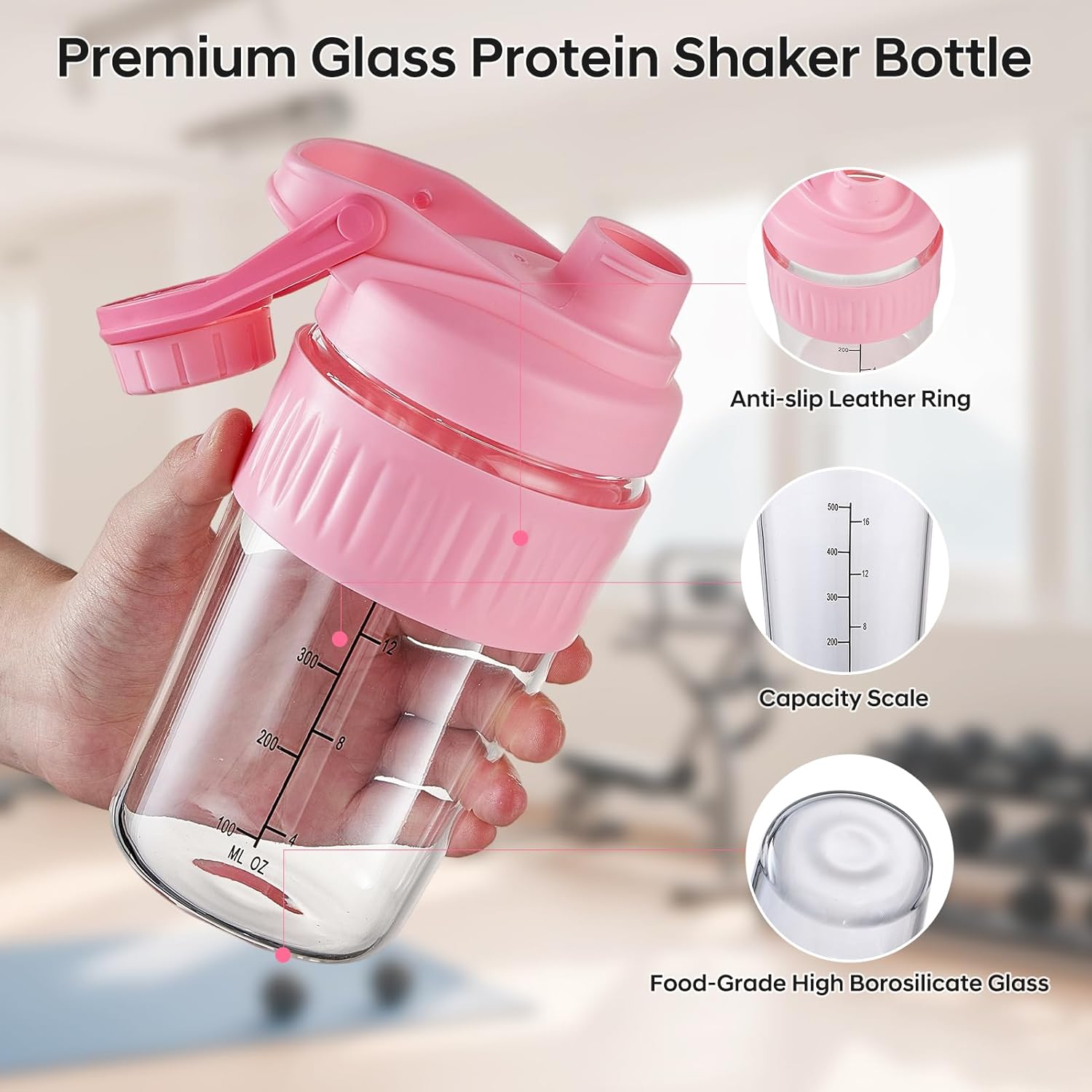 16oz Small Glass Shaker Bottle, 4 Pack Borosilicate Glass Protein Powder Gym Workout Small Shaker Cup Mixes for Protein Mixes with Blending Ball (C-PINK, 4)