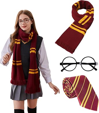Knit Striped Scarf Set Tie Lensless Glasses Halloween Cosplay Magic Movie Costume Accessories Themed Party Dress Up
