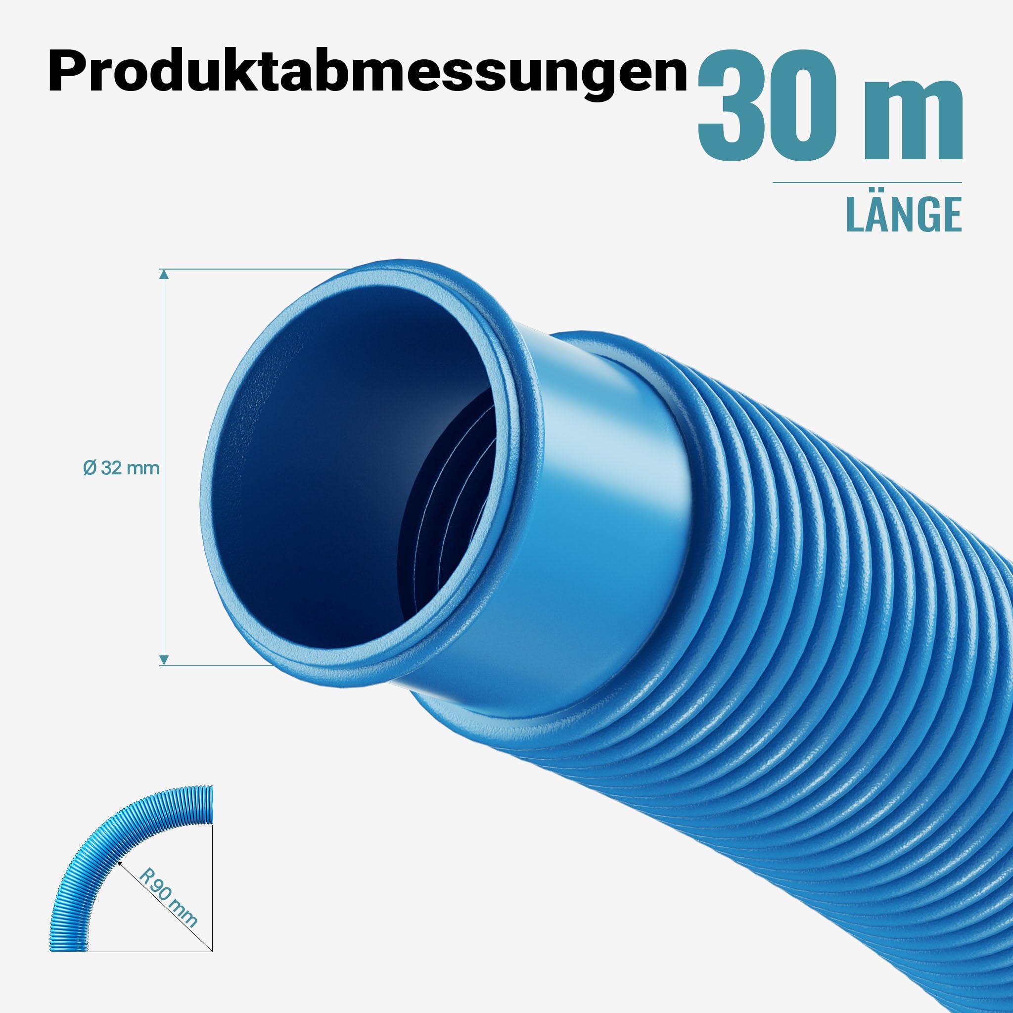 Wiltec Poolschlauch 30 m ⌀32 mm, Schwimmbadschlauch mit Muffen, Pumpenschlauch für Schwimmbecken, Saugschlauch, Solarschlauch