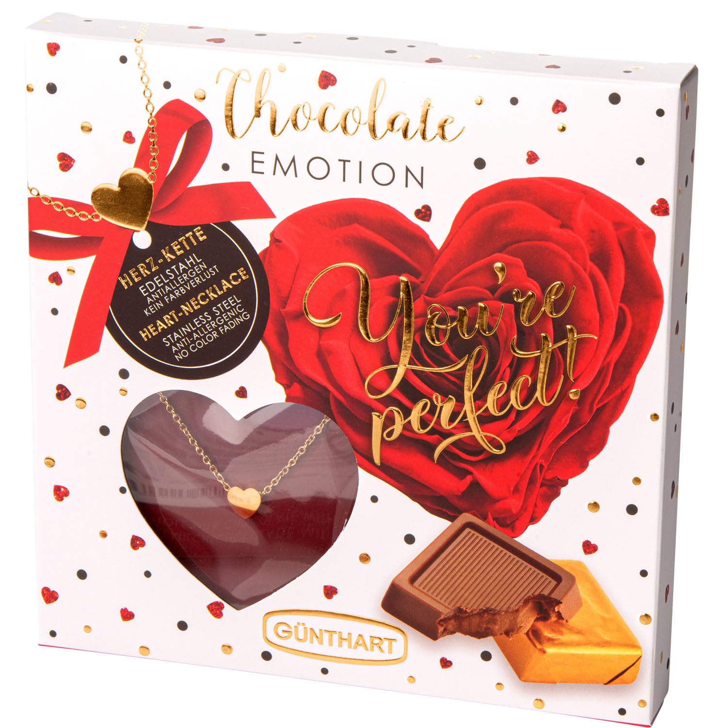 Günthart 12 Stück Pralinen Emotion Präsent "Youre perfect" mit Schokolade gefüllt und Herzkette, (1er Pack 600 gr)