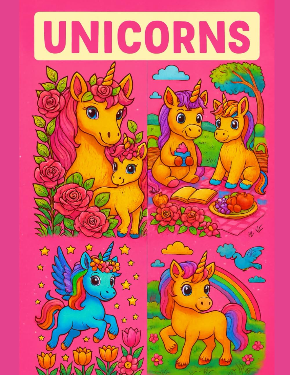 Unicorns Coloring Book for Kids - 50 Magical Pages of Cute Unicorns, Flowers & Fantasy Scenes