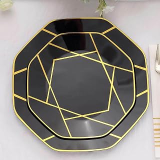 Efavormart 10 Pack | 8" Black/Gold Geometric Design Plastic Dessert Plates, Disposable Octagon Salad/Appetizer Party Plates