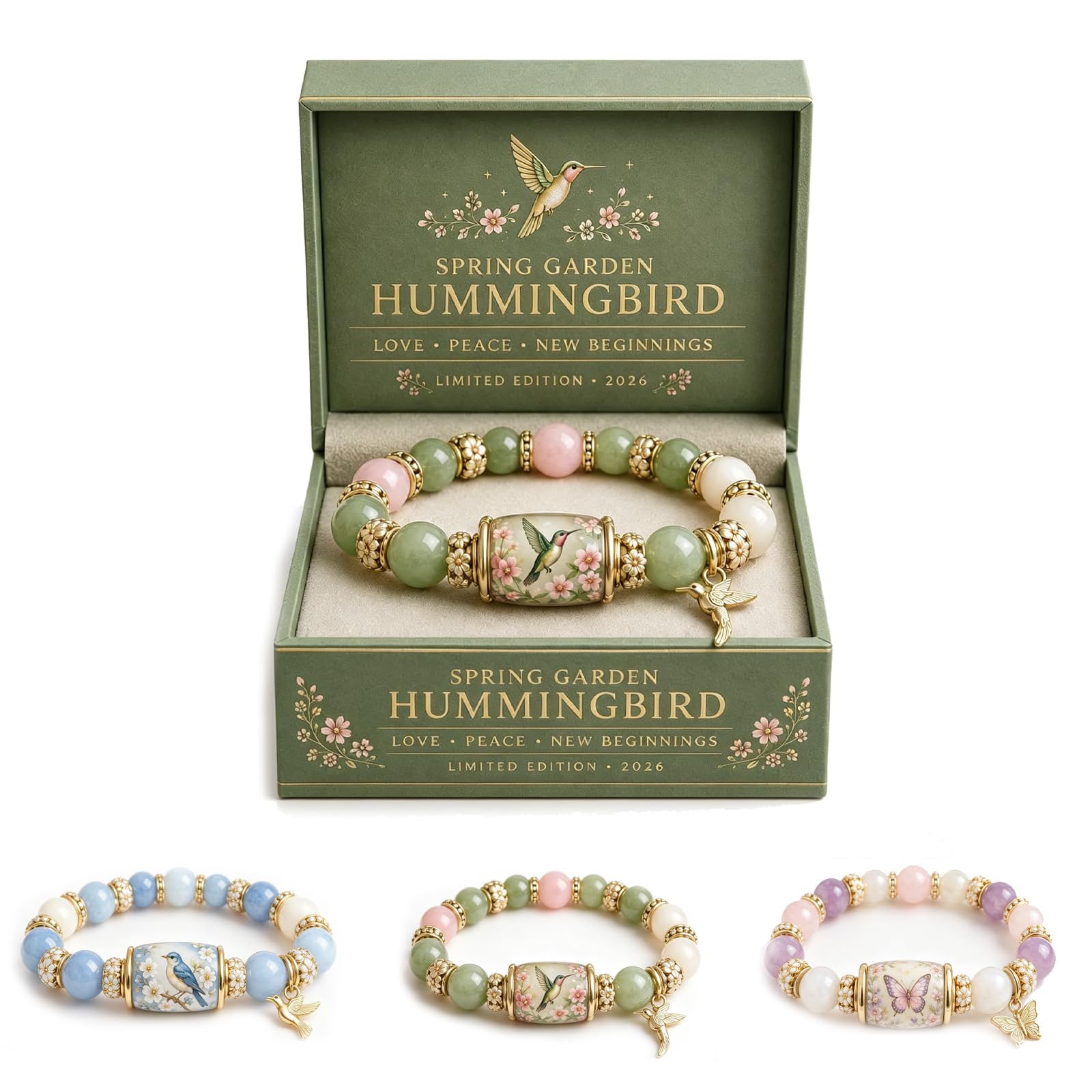 Generico Bracciale Bluebird Blessings con confezione regalo, braccialetto di benedizione della farfalla colibrì, braccialetto ispiratore con ciondolo a forma di uccello per donne e uomini