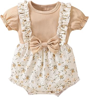 Newborn Girl Baby Romper Floral Ruffle Short Sleeve Jumpsuit Knitted Ribbed Triangle Bodysuit