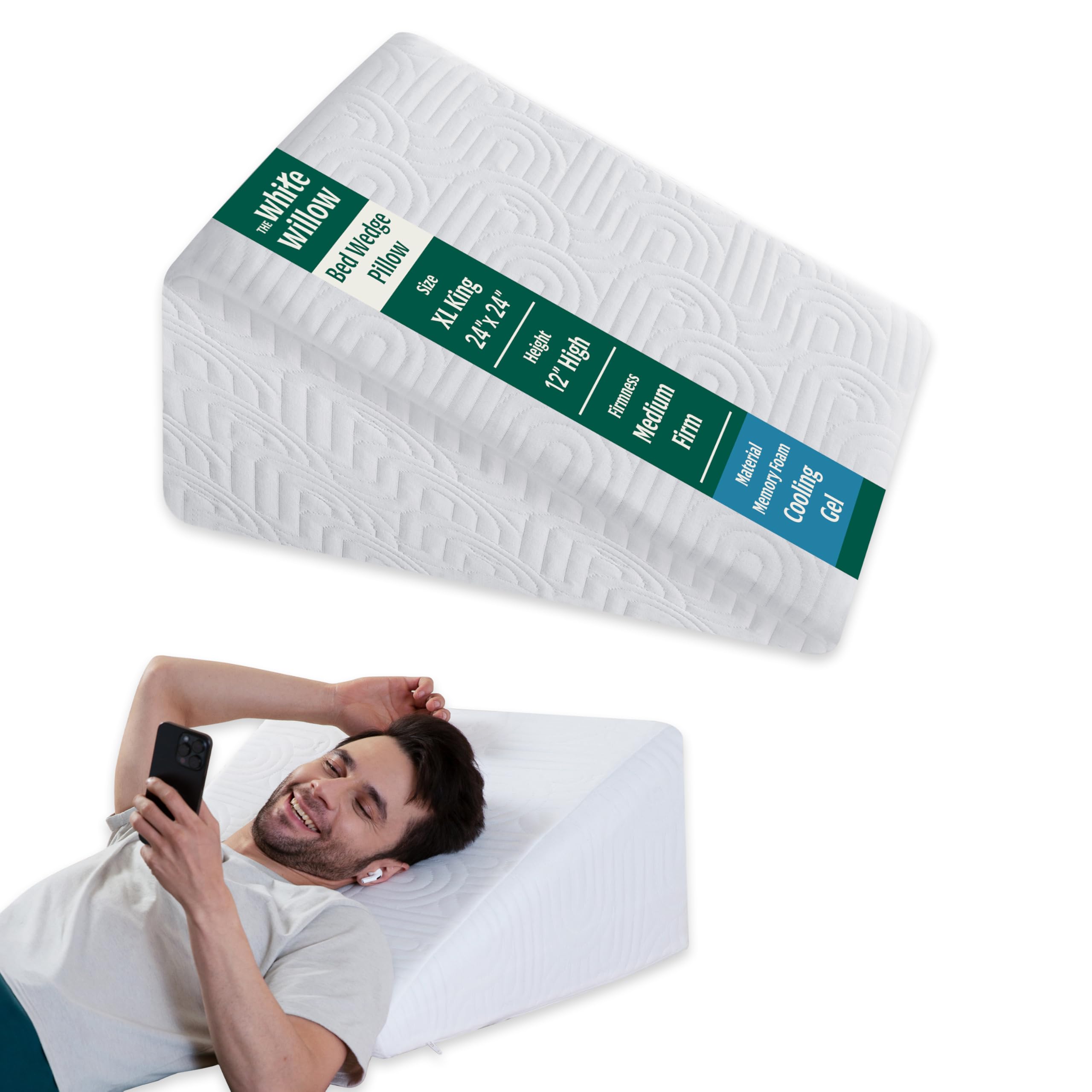 The White Willow Bed Wedge Back Support Pillow For Sleeping Acid reflux GERD PostSurgery leg Elevation Cooling Gel Infused Memory Foam & HR Foam With RemovableCover (24"L x 24"W x 12"H) Classic White