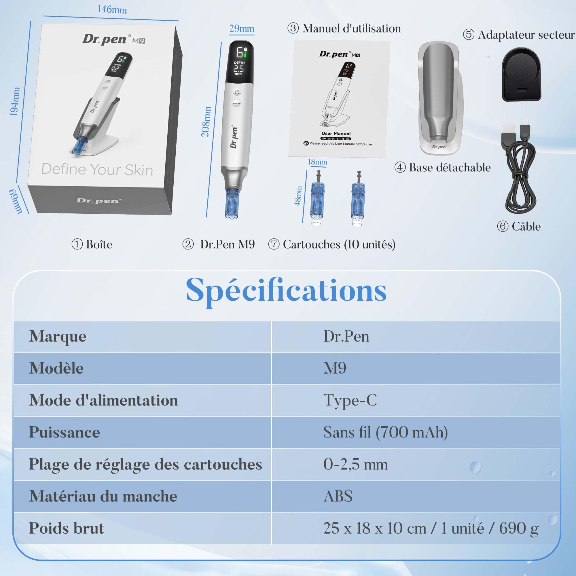 Dr. pen M9 Stylo Microneedling avec 10 Cartouches, Nouveau Modèle 2026, 6 Niveaux et Affichage LED Dermapen avec Base de Rangement, pour Visage Corps Cheveux Barbe Croissance