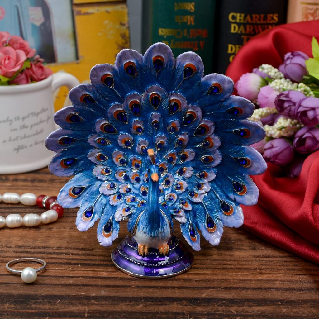 Silver Crystal Enameled Peacock Jewelry Box, Hand-Painted Hinged Blue Peafowl Trinket Box, Elegant Home Décor & Unique Gift for Bird Lovers