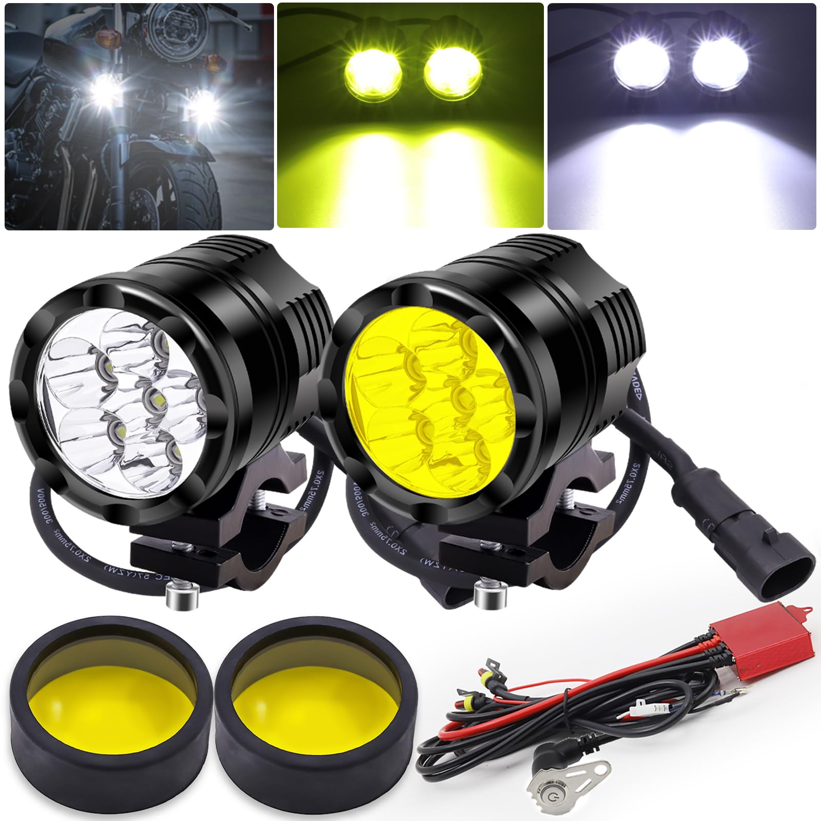 feux additionnels moto led, phare led moto, projecteur lampe kit jaune/blanc 12V/24V 60W + Interrupteurs + Housse de Protection + Harnais de Câblage pour, 2Pcs