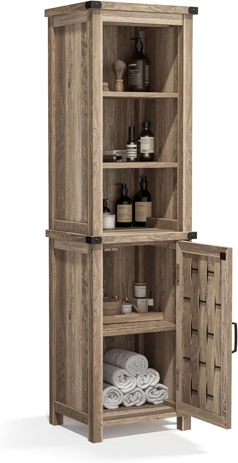 Caffoz Farmhouse Storage Cabinet, Narrow Corner Linen Tower with Door & Adjustable Shelves,Versatile Bathroom & Living Room Organizer，Light Brown