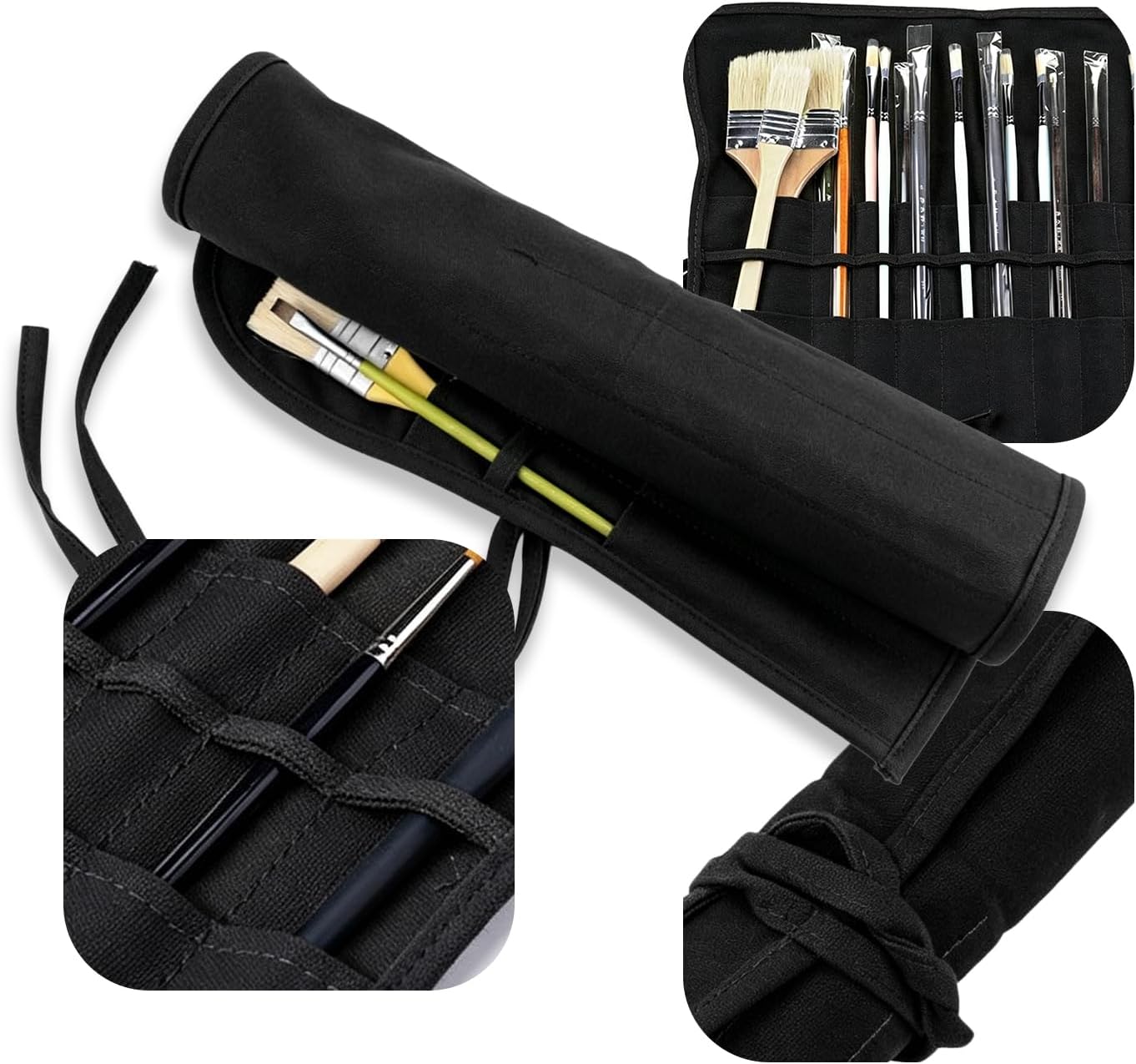 22 Slot Paint Brush Holder Roll-up Case, Canvas Artist Brush Organizer Storage Pouch for Acrylic, Oil, Watercolor, Gouache, Pens & Art Supplies, Travel Brush Storage, Black