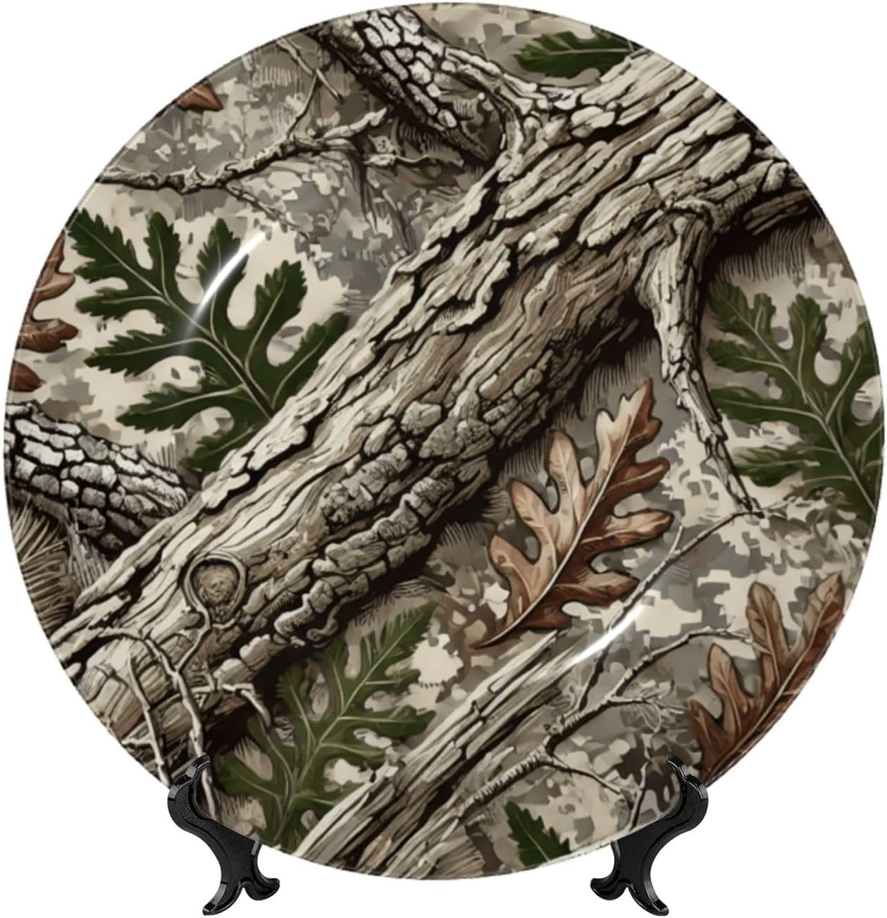 Camouflage-Tree-Bark-Texture 10 Inch Decorative Plate With Stand, Elegant Display Wall Plate For Home Decor