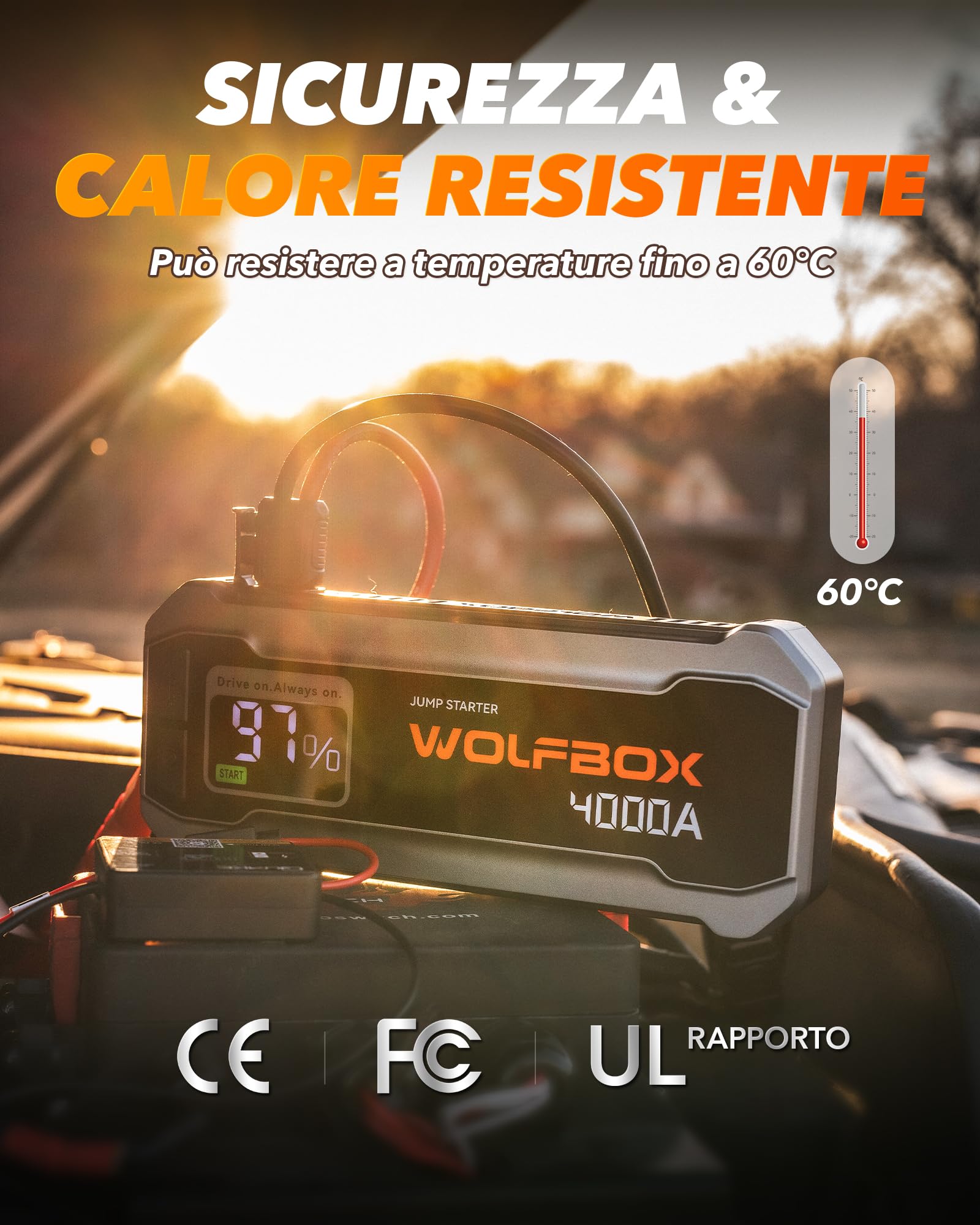WOLFBOX Booster Avviamento Auto, 4000A Avviatore Emergenza per auto/moto(10L Benzina o 10L Diesel), Starter Batteria auto Portatile con Booster Torcia a LED