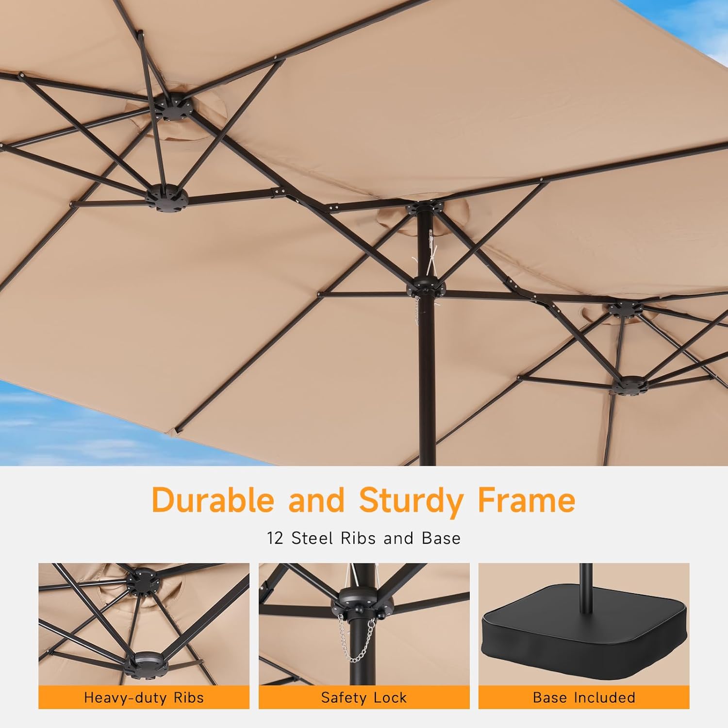 ONBRILL 15ft Patio Umbrella with Base Included, Extra Large Shade Area, Double Sided Rectangle with Crank Handle for Poolside, Garden, Yard, Beige