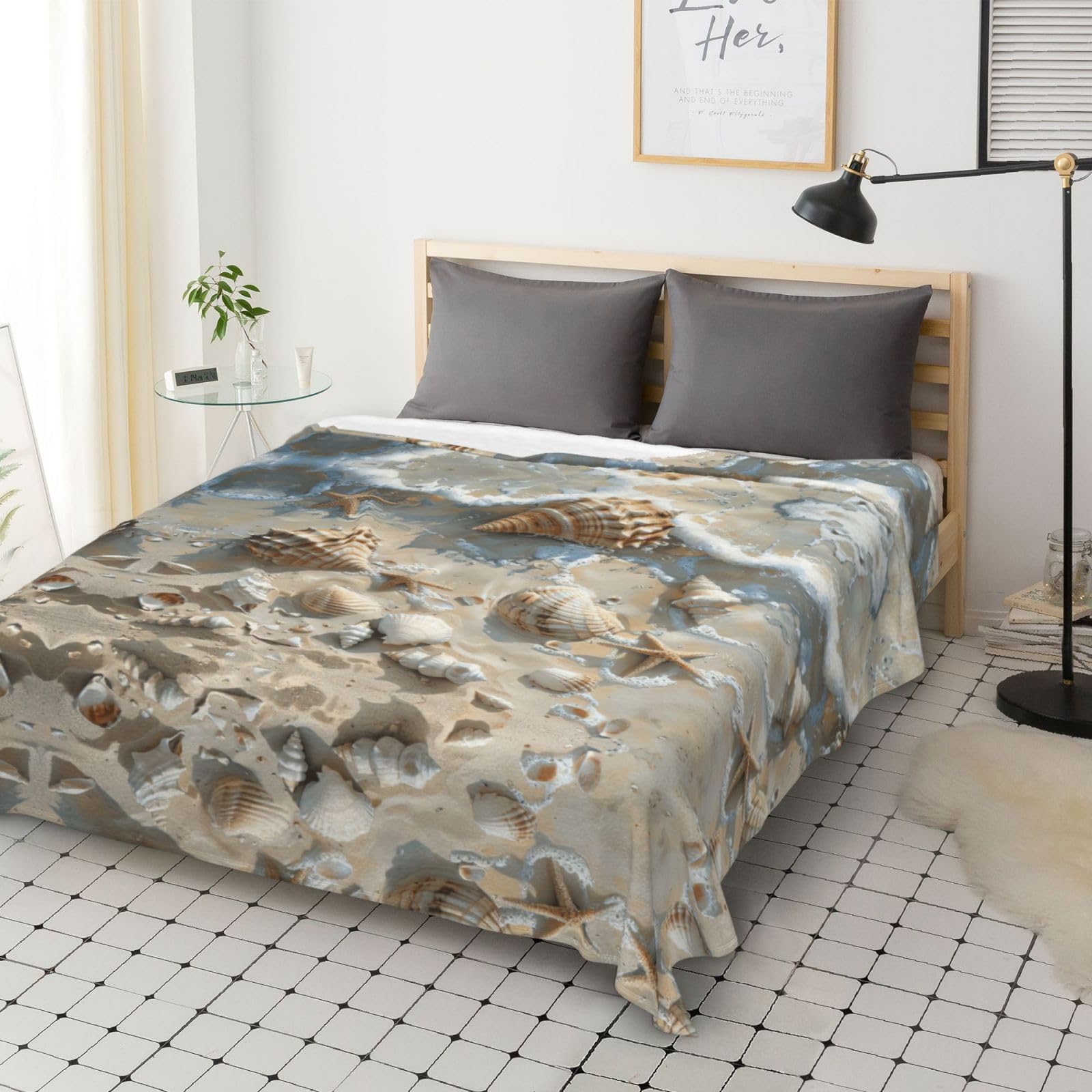 Gemütliche Flanelldecke, 178 x 203 cm, Muschel-Sanddruck, Überwurf für Sofa, Bett und Camping, weiche Winterdecke für ultimativen Komfort und Wärme