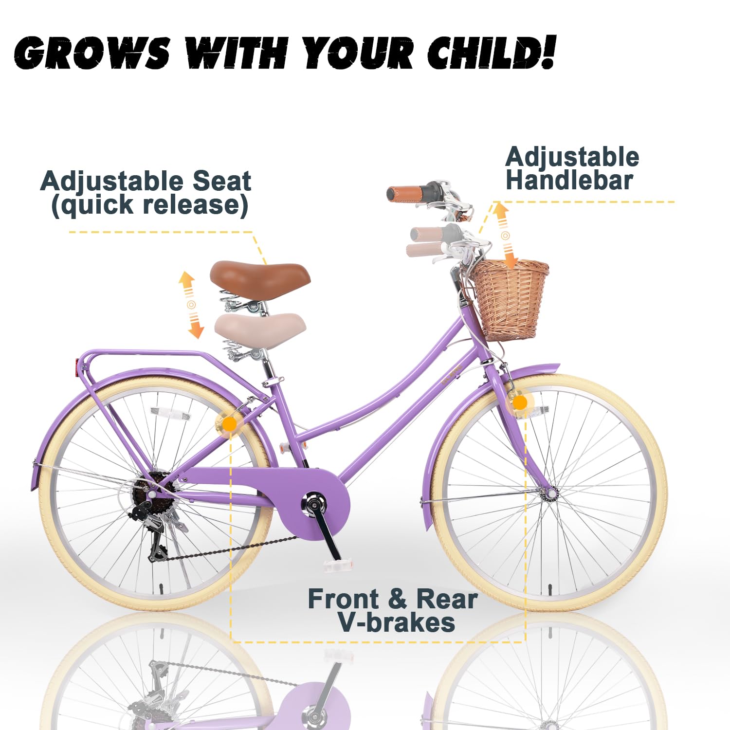 Glerc Missy 26" Pulgadas Bicicleta para Niñas Cruiser Juvenil Adolescente Mujer Bicicleta Híbrida Urbana de 6 Velocidades para Adolescentes de 14, 15, 16, 17, 18, 19, 20 Años con Cesta de Mimbre y