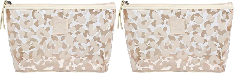 Necessaire Bege com Estampa de Leopardo Transparente Tender Love + Carry, Fechamento com Zíper, Pacote com 2