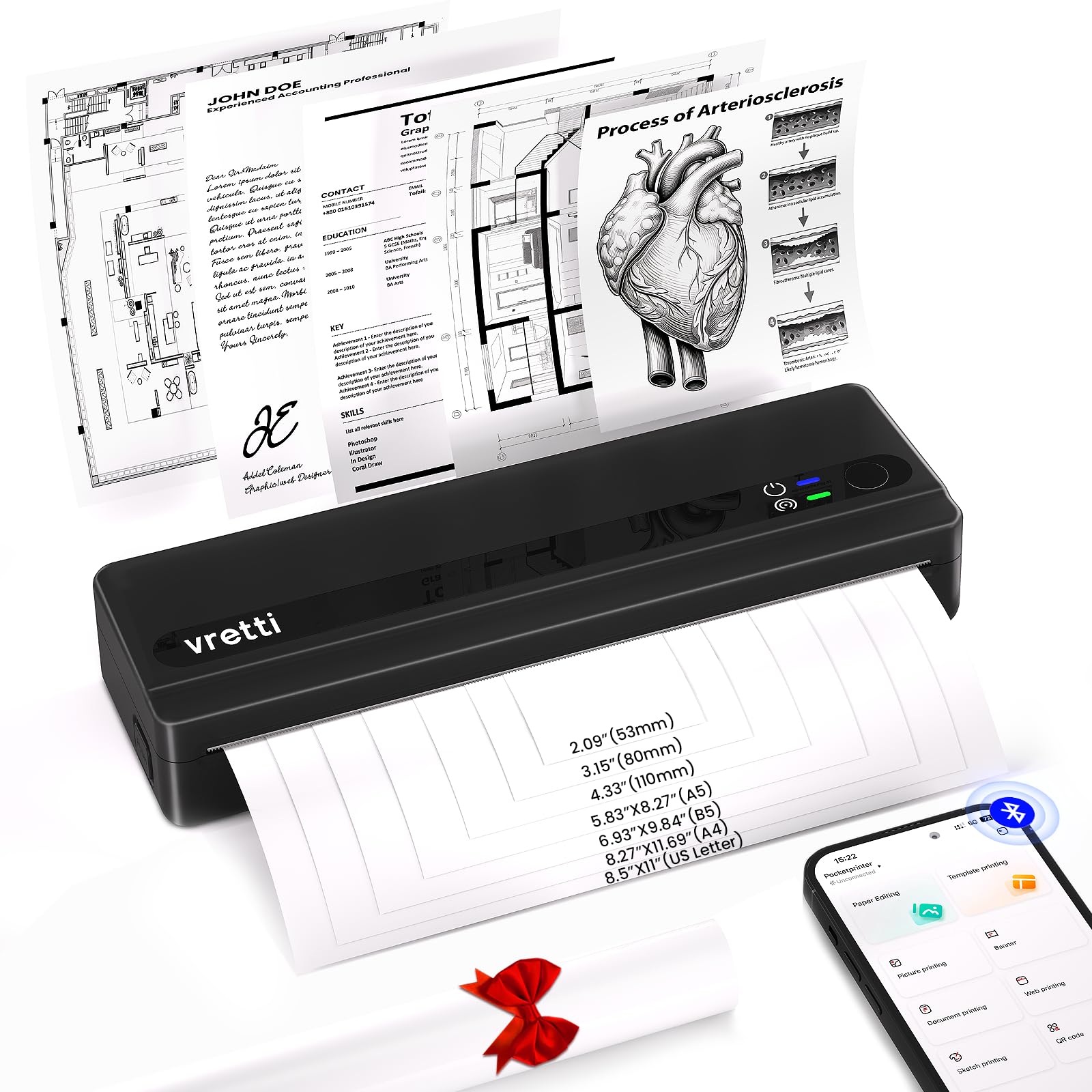 vretti PB821 Impresora térmica portátil A4 Bluetooth Android iOS