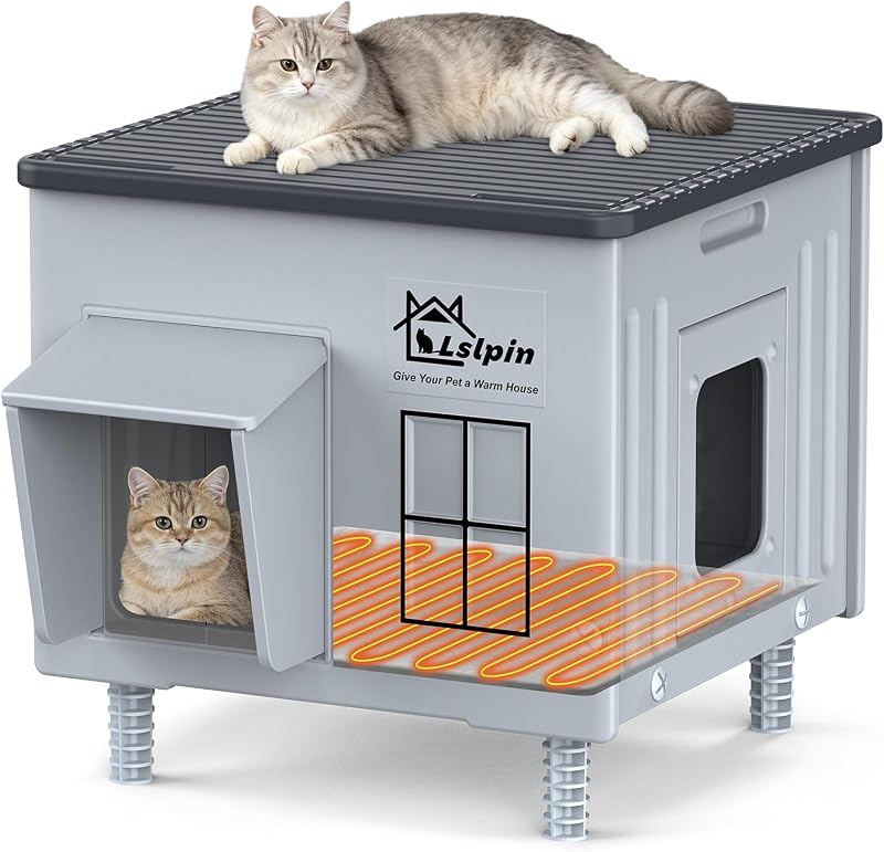 Casa Aquecida para Gatos Lslpin com Porta de Escape, Isolada e Elevada, para Uso Interno e Externo 44,96 × 37,85 × 44,45 cm