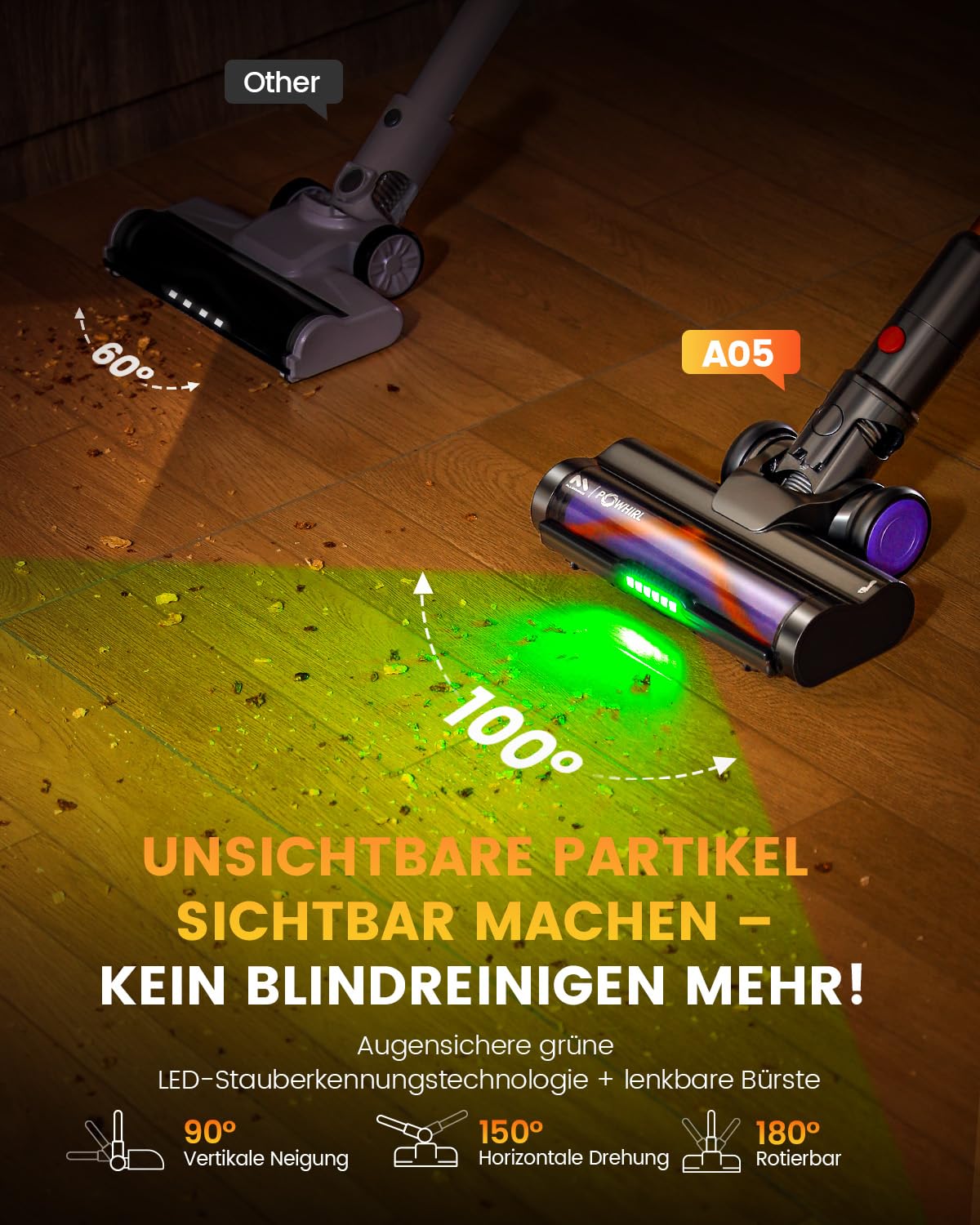 AlloyMove Akku Staubsauger, 50000Pa/550W/80Mins Staubsauger Kabellos mit LED Display und Anti Tangle Bürste, 7-stufiges Filtersystem, Für Tierhaare Hartböden Teppich A05