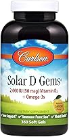 Vista 1 de Carlson - Gemas solares D, suplemento de vitamina D3 y Omega-3, 2000 UI de vitamina D3, 115 mg de omega-3 EPA y DHA, cápsula de aceite de pescado