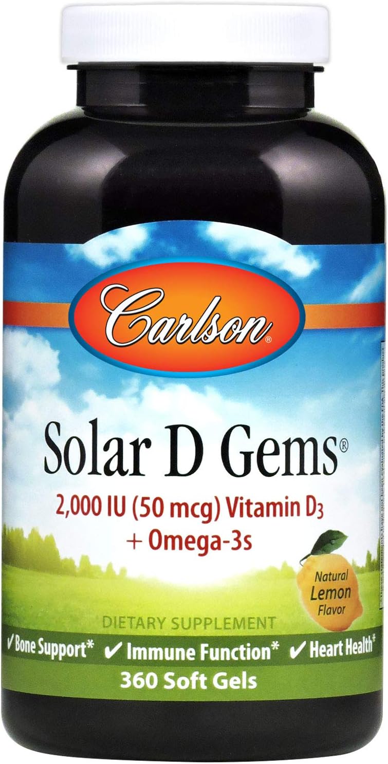 Solar D Gems, Vitamin D3 and Omega-3 Supplement, 2000 IU Vitamin D3, 115 mg Omega-3s EPA and DHA, Vitamin D Fish Oil Capsule, Bone & Immune Health, Vitamin D Supplement, Lemon, 360 Softgels