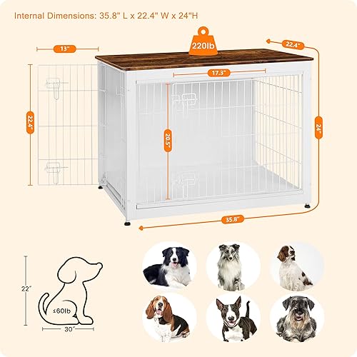 Vista 146 de DWANTON Mueble de jaula para perros con cojín, caja de madera para perros con puertas dobles, muebles para perros, perrera de interior, mesa Negro