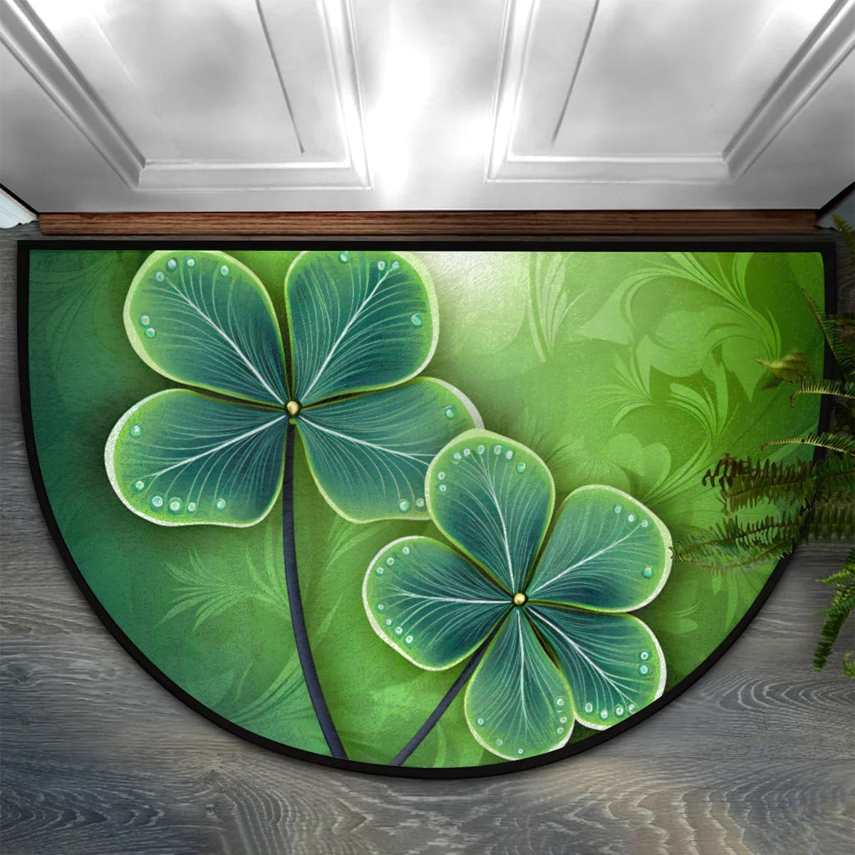 cfpolar Half Round Door Mat Four Leaf Clovers Printing Non-Slip Semi Circle Area Rug Washable Half Moon Hearth Rugs for Indoor Outdoor Bathroom Kitchen Patio Runner Mat Laundry Room Home Decoration