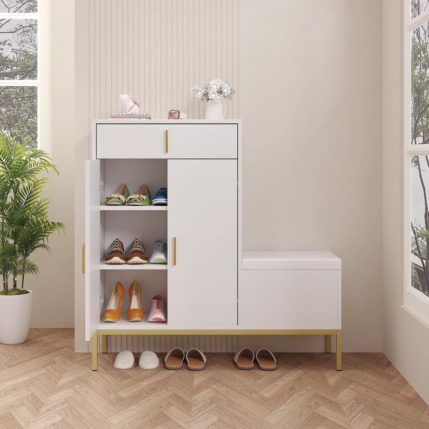 HedoAjim L-Shaped Shoe Storage Cabinet with Bench, Entryway Shoe Cabinet with Drawer, Modern Freestanding Shoes Organizer Cabinet for Entryway Hallway Front Door, White