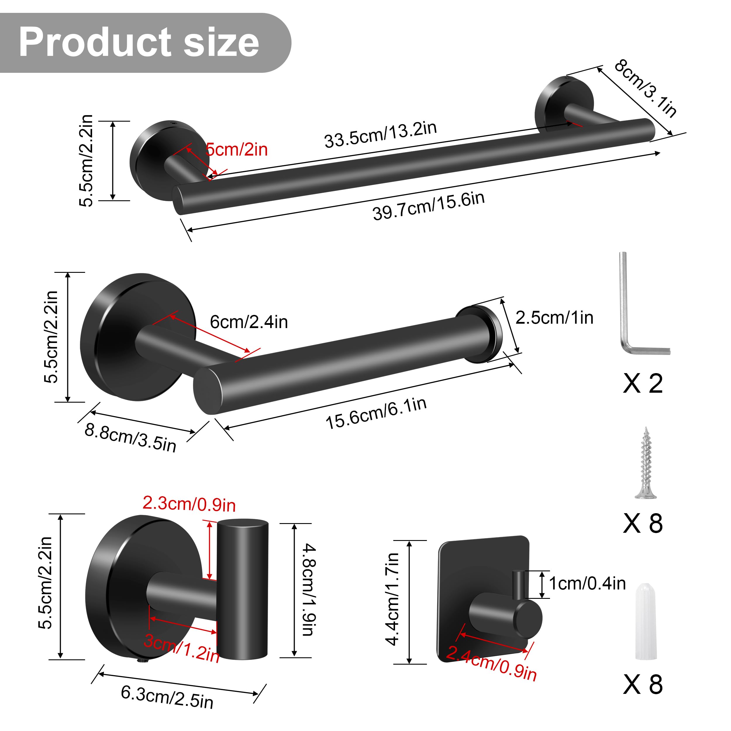 Juego de Toallero de Baño Juego de Herrajes de Baño de Acero Inoxidable Ganchos para Bata para Baño y Cocina 5 Piezas (Negro)