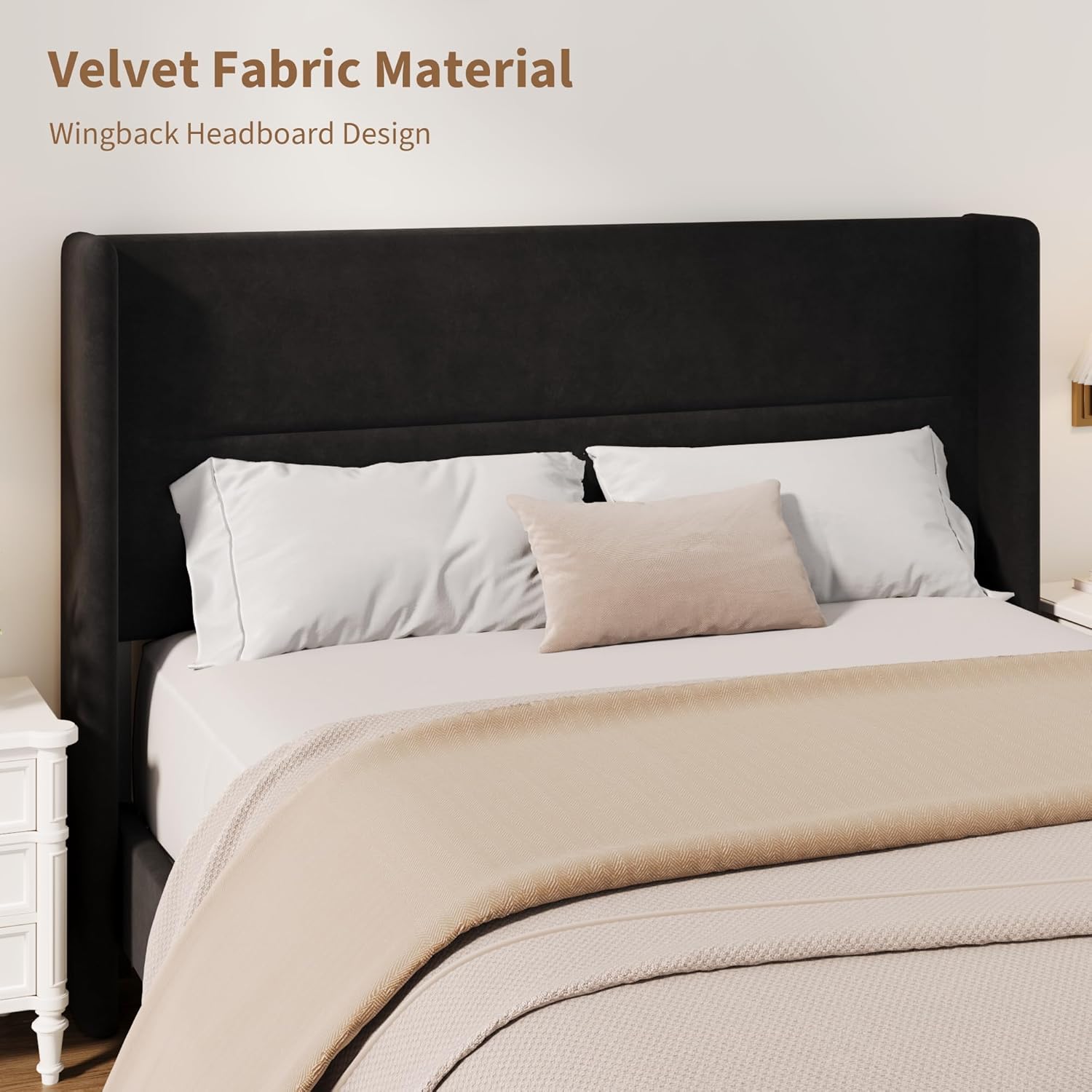 Full Size Bed Frame with Wingback Headboard, Velvet Upholstered Platform Bedframe with Wood Slats, No Box Spring Needed, Easy Assembly, Black