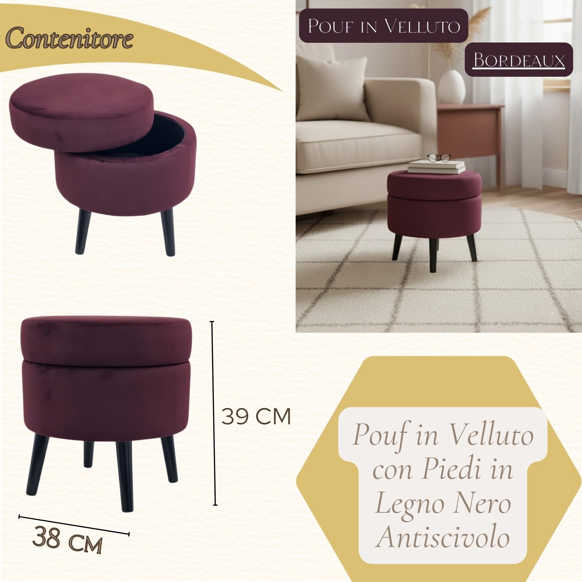 Pouf Contenitore in Velluto Color Bordeaux, Puffo Contenitore Rotondo, Pouf con Piedini in Legno, Pouffe Salotto 38x39 cm