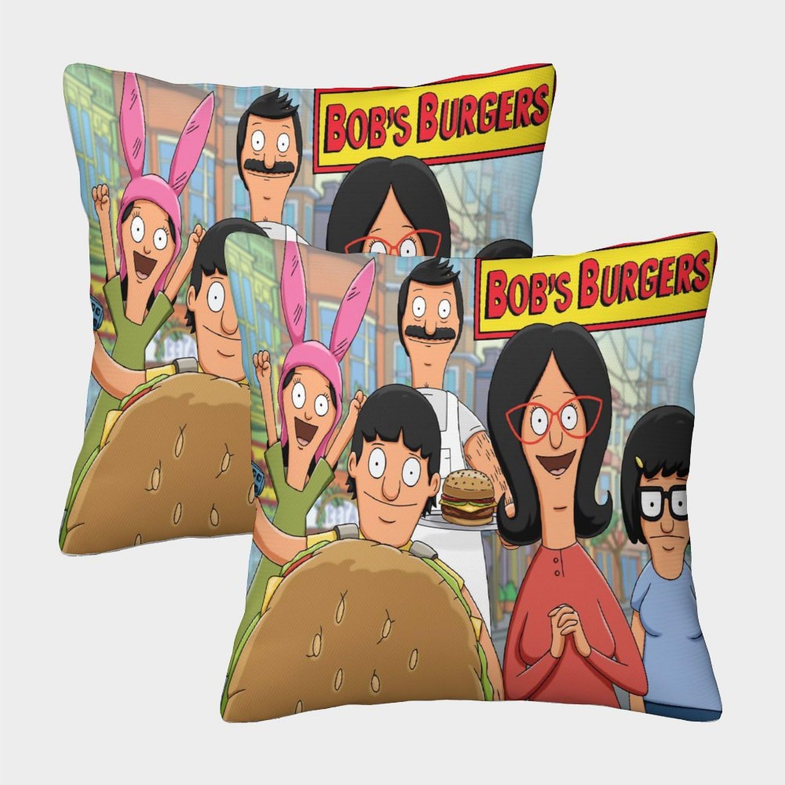 MJCZEGDCR 3D Printed Bobs Burgers Throw Pillow Covers Super Soft Throw Pillow Case Pack of 2 Decorative For Couch Sofa Bed Living Room Bedroom 45x45cm