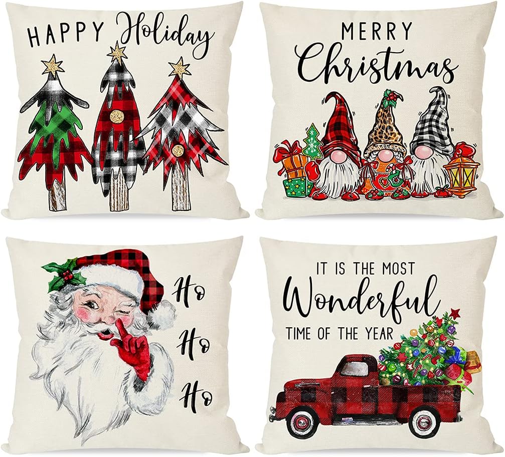 PANDICORN Buffalo Plaid Check Christmas Pillow Covers 18x18 Set of 4 for Home Decorations, Red and Black Christmas Santa Claus Gnomes Trees Truck, Farmhouse Winter Holiday Decor Throw Pillows Cases