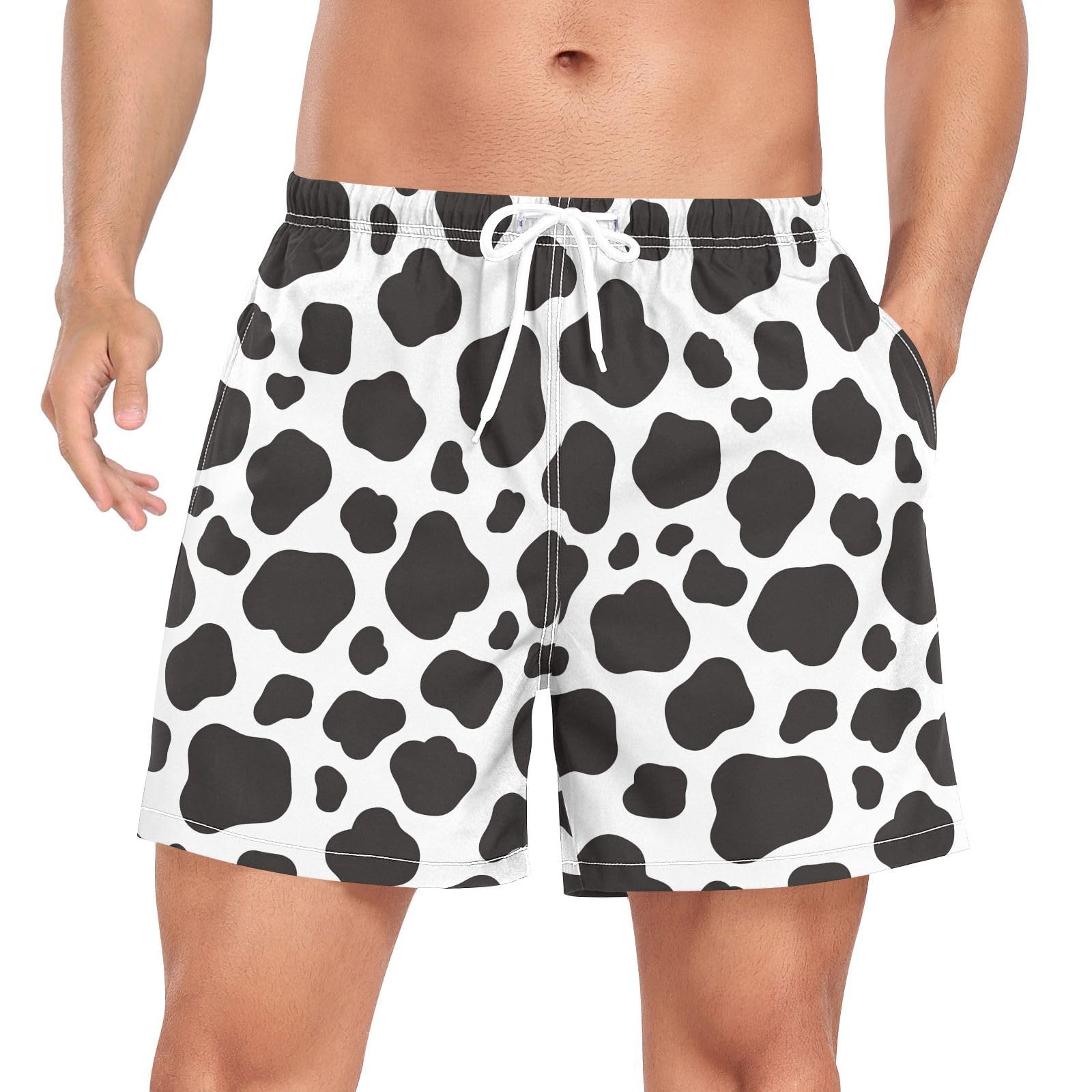 JUNZAN Men Swim Shorts Cow Printed Mens 2 Layer Running Shorts with Pockets and Compression Liner Board Shorts Quick Dry