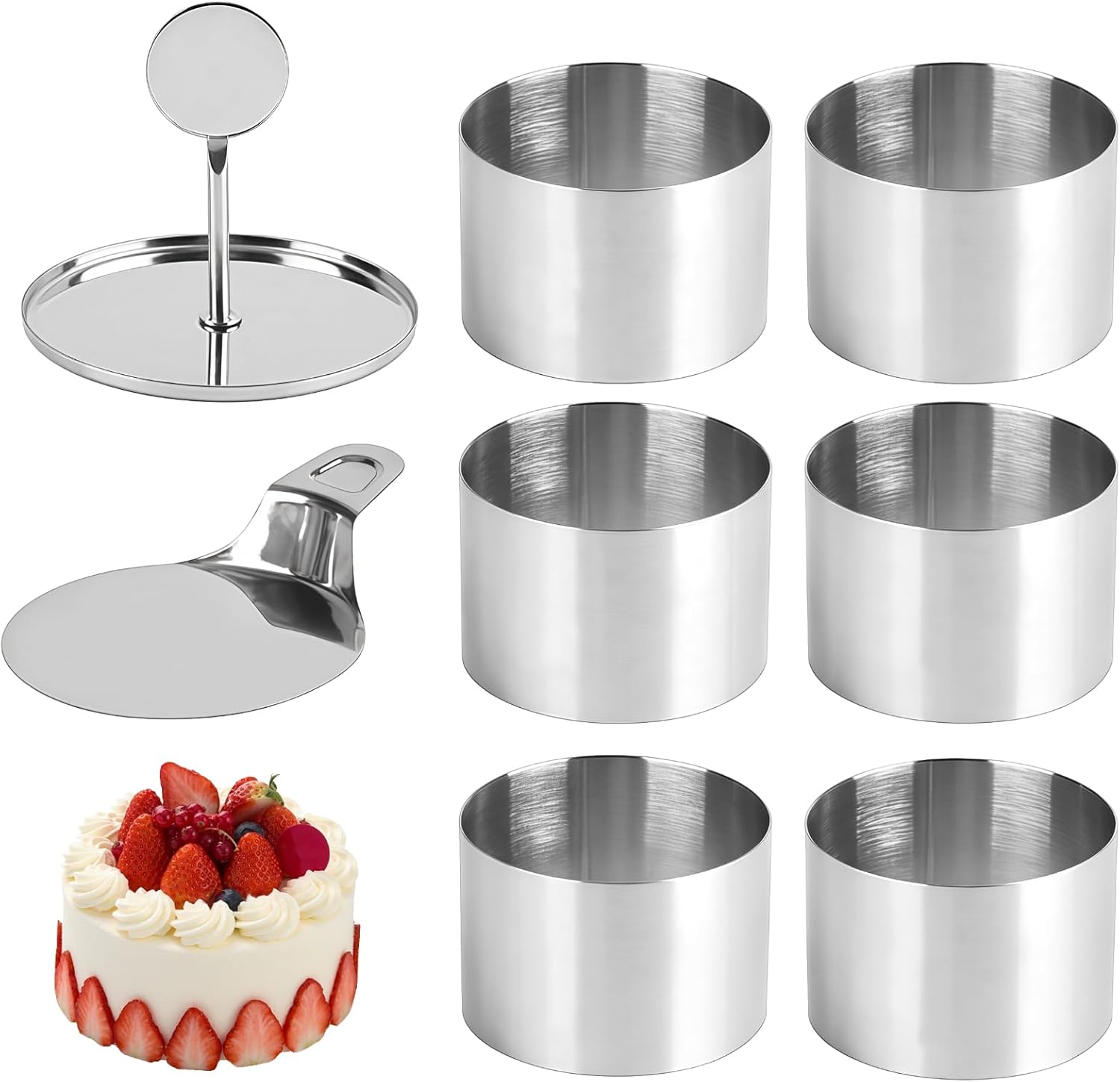 8 Pcs Thickened Round Cake Ring Molds Set, Includes Mousse Molds, Press Plate, and Tray, Perfect for Cheesecakes and Layered Cakes