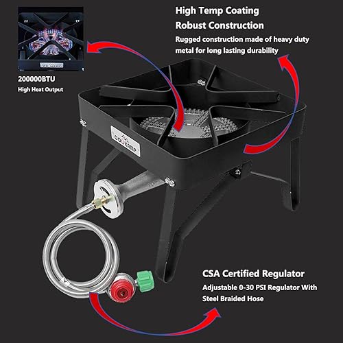 Miniatura 2 de COOKAMP Banjo de alta presión 1 quemador de propano para exteriores con regulador ajustable de 0-30 PSI y manguera trenzada de acero SA1250