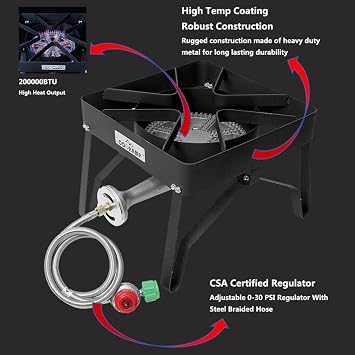 COOKAMP High Pressure 200000 BTU Banjo 1-Burner Outdoor Propane Burner Gas Cooker with 0-30 PSI Adjustable Regulator and Steel Braided Hose (Balck) SA1250