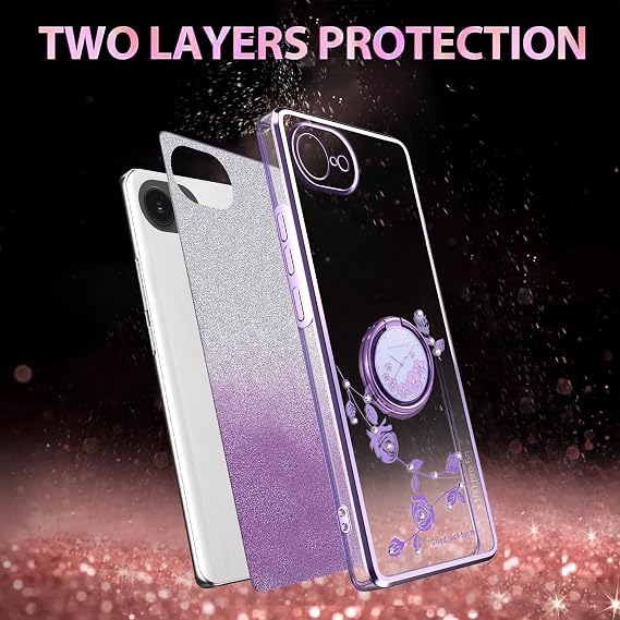 iPhone 16e用16ではありません女性用ケース、ラグジュアリーメッキ キラキラ キラキラ キラキラ フラワー 耐衝撃ケース リングスタンド付き Apple 16e.フラワーパープル