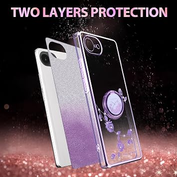 iPhone 16e用16ではありません女性用ケース、ラグジュアリーメッキ キラキラ キラキラ キラキラ フラワー 耐衝撃ケース リングスタンド付き Apple 16e.フラワーパープル
