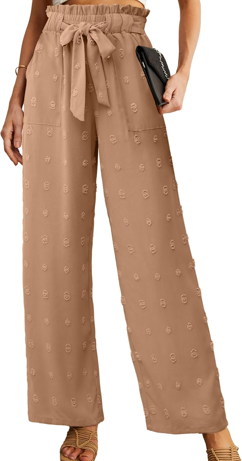 IWOLLENCE Women's Wide Leg Pants with Pockets High Waist Adjustable Knot Loose Casual Trousers Business Work Casual Pants