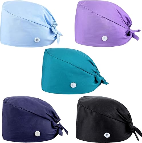 SATINIOR 5 gorras de trabajo quirúrgicas con botón ajustable en forma de calabaza Bouffant sombreros de trabajo con banda para el sudor