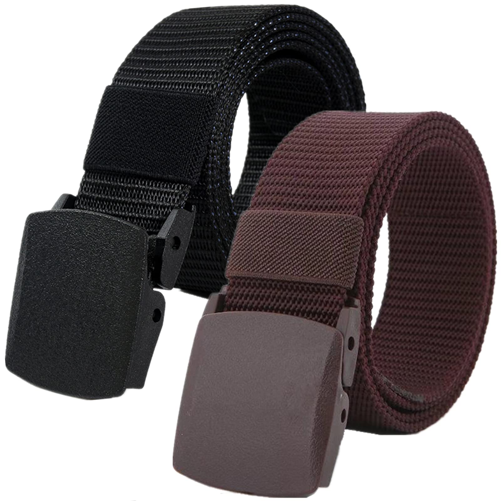 Cinturones de trabajo para hombre, Cinturones for hombres y mujeres, cinturón táctico de nailon ligero, tamaño de hasta 67 pulgadas con hebilla de plástico militar, 2 piezas(Black/Brown,130CM/51")