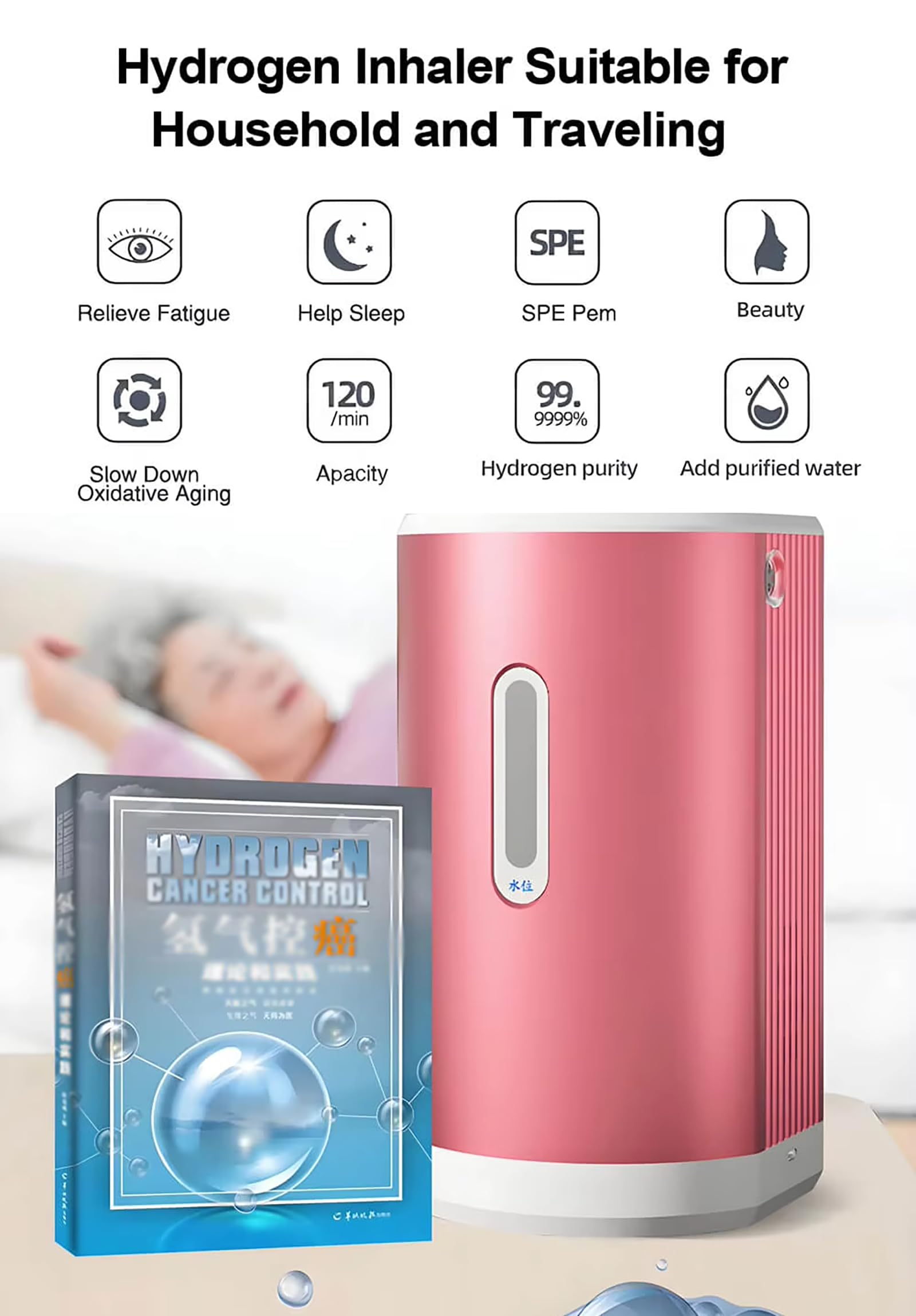 Inhalator Bogatowodorowy, Przenośny Inhalator Wodorowy Do Użytku Domowego, Generator Gazu H2, Inhalator Do Terapii Wziewnej H2 Z Wyświetlaczem Lcd 225ml/min