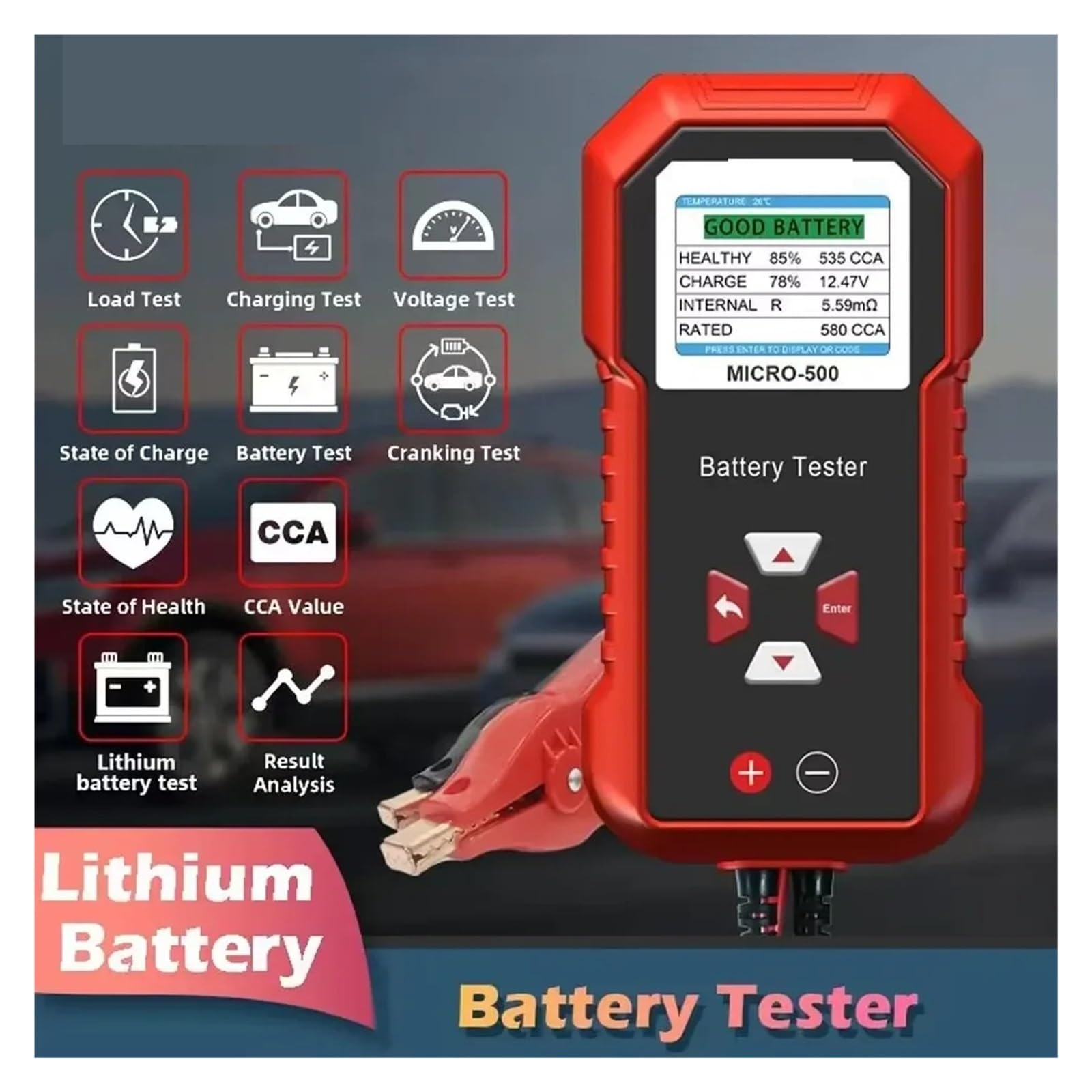 Tester baterii, Tester akumulatorów samochodowych 12 V, 40-3000 CCA, test akumulatorów litowych, analizator akumulatorów kwasowo-ołowiowych, wyświetlacz LED z kodem QR