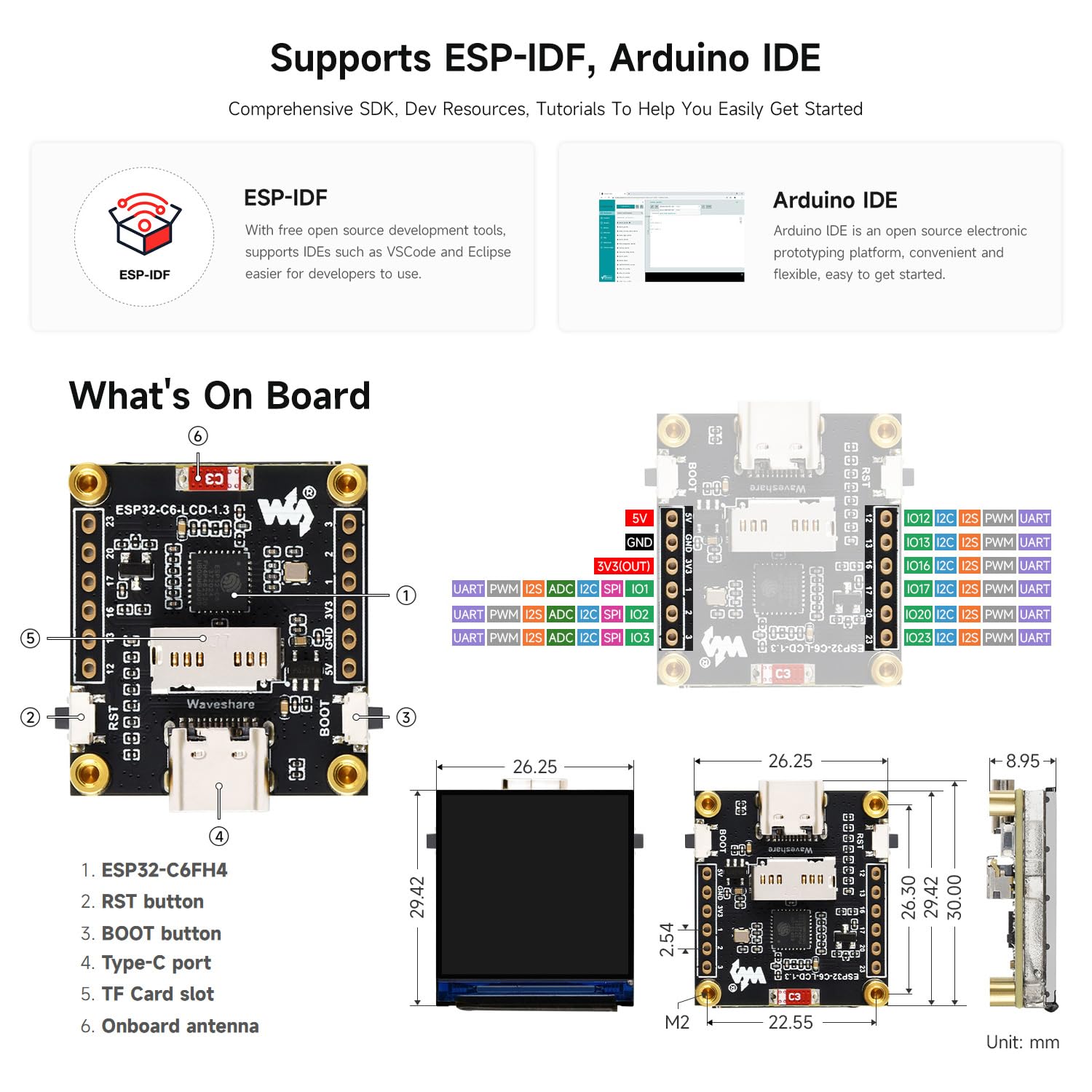 Waveshare ESP32-C6 1.3inch LCD Display Development Board with Header, 240x240 Pixels, 262K Color, Supports Wi-Fi 6 And BLE 5