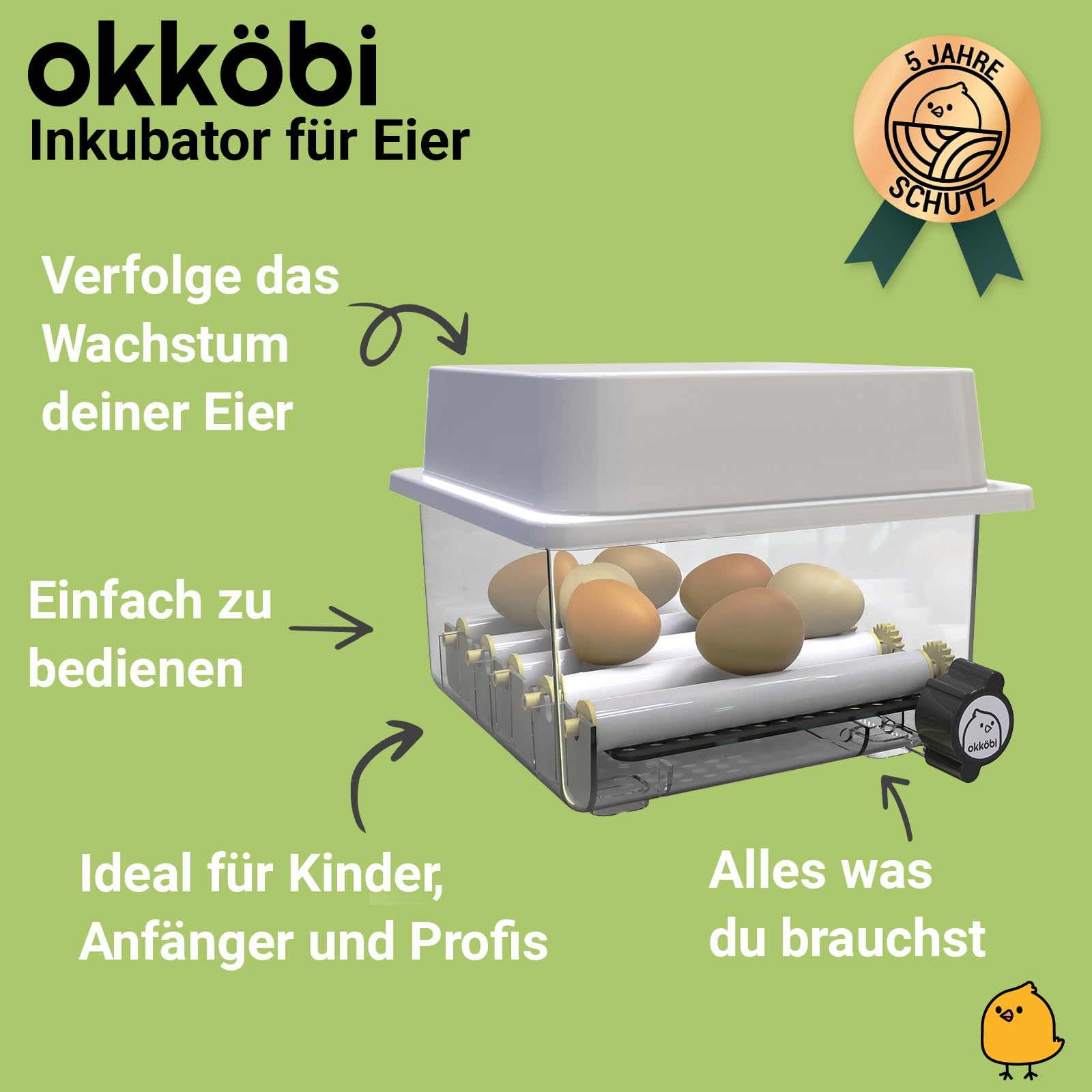 OBI-12 Brutautomat Vollautomatisch – Inkubator für 12 Eier mit Automatischem Eierwender - Brutkasten Hühner für Hühnereier, Wachtel und Enteneier - Gelb