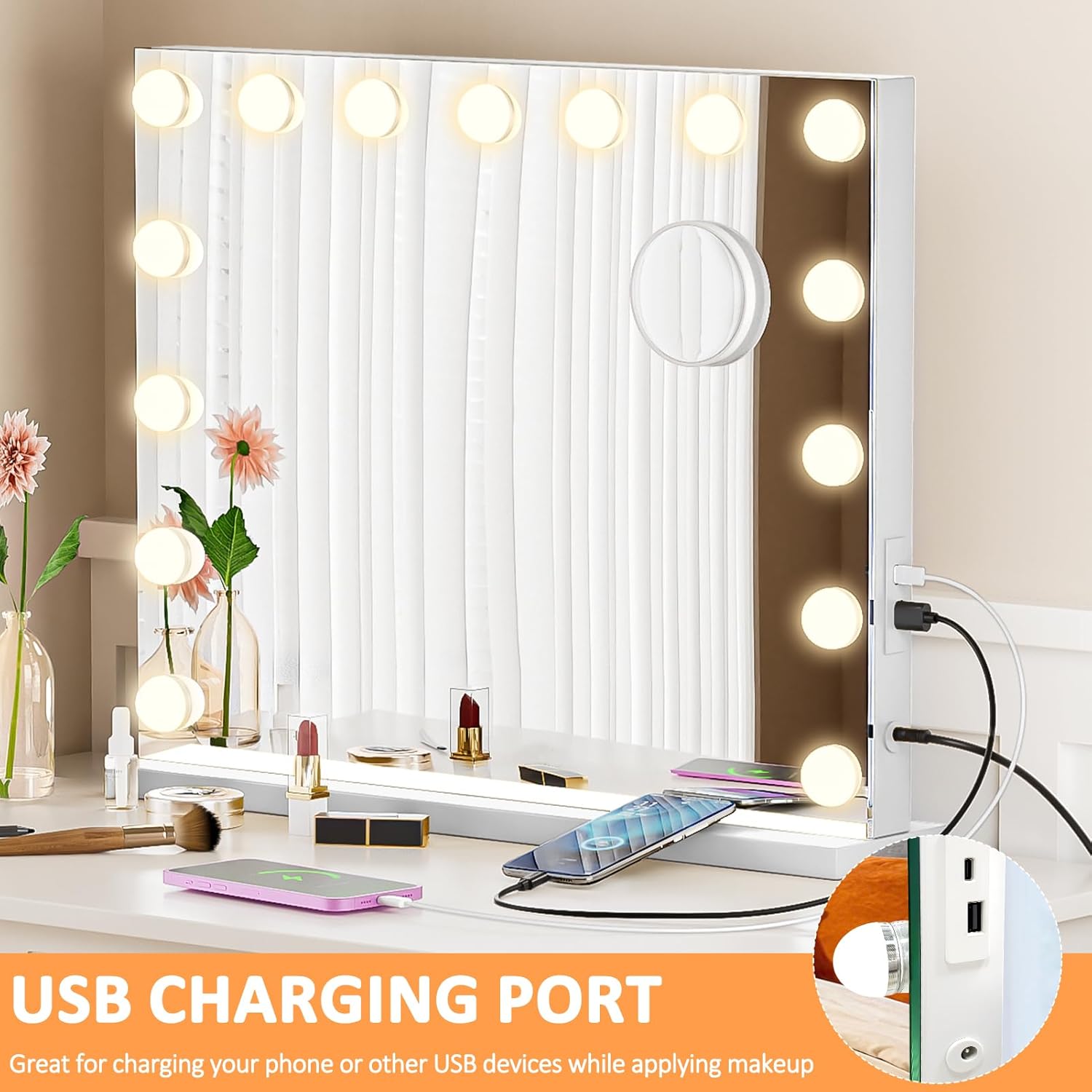 Vanity Mirror with Lights for Desk 15 LED Lighted Makeup Mirror with USB Type C Vanity Mirror with Touch Control 10X Magnifying Mirror Large Makeup Desk 23 x 19