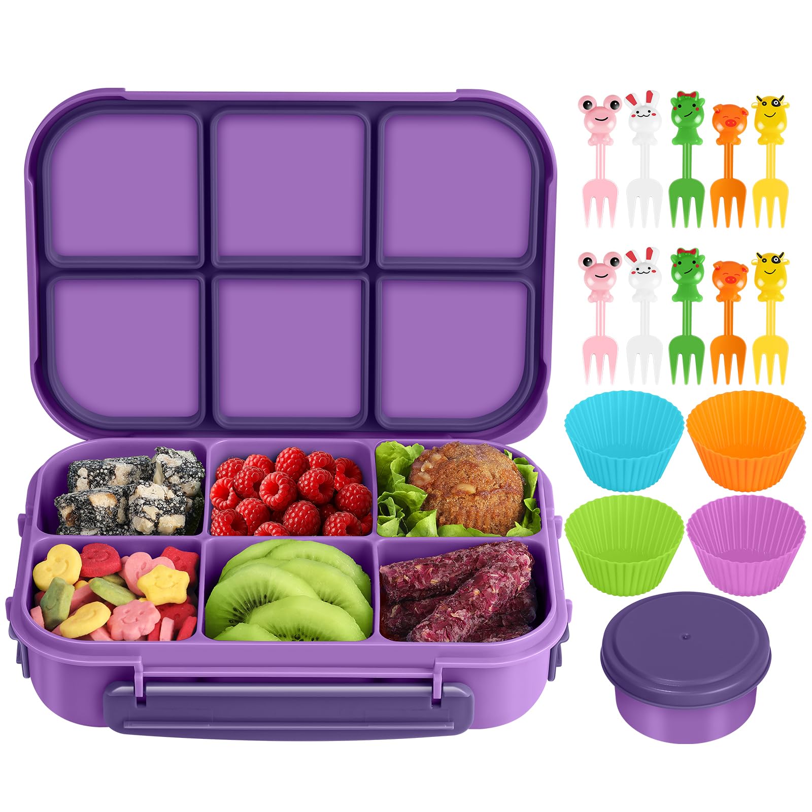 Amathley Brotdose Kinder mit FäChern,Bento Box Kinder,Brotdose Erwachsene,1200ml Lunchbox snackbox mit 6 FäChern,Saucenbehälter,10 Cartoon Bento Obstgabeln und 4 Muffinförmchen (Lila)