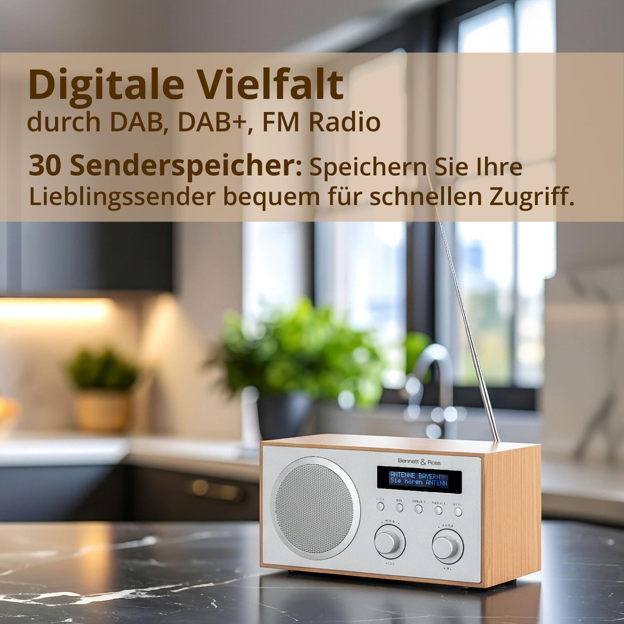 Bennett & Ross DAB-258 NT Vikedal DAB+/FM Digitalradio - Bluetooth Streaming vom Smartphone - USB MP3 Player und AUX - Dual Wecker mit Snooze und Sleep-Timer - LCD-Display - Natur