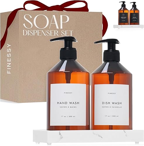 FINESSY Dispensador de jabón de mano ámbar para encimera de cocina y baño con bandeja para detergente líquido recargable para lavavajillas y